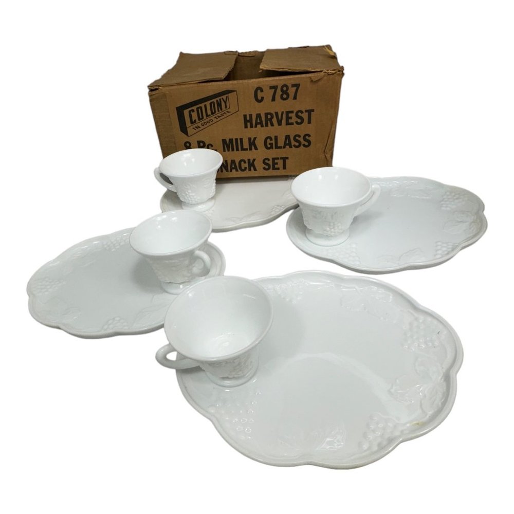 Indiana Colony Tea Cup Plate Milk Glass White Harvest Grape Snack Trays Set of 4